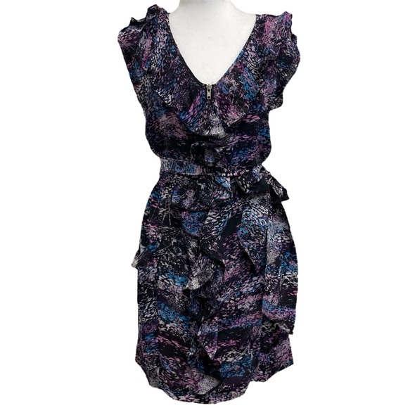 Charlie Jade Silk Purple & Pink Printed Ruffle Front Sleeveless Mini Dress - Picture 1 of 12